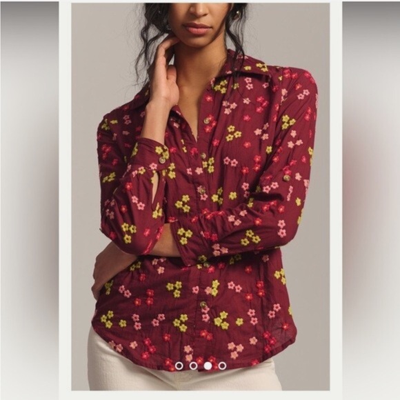 Anthropologie Maeve Embroidered Buttondown Blouse